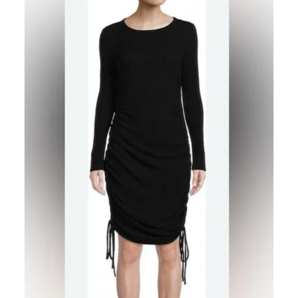 NWT Lea & Viola Women’s XS Long Slv Casual Crewneck Ruched Side Tie Black Dress